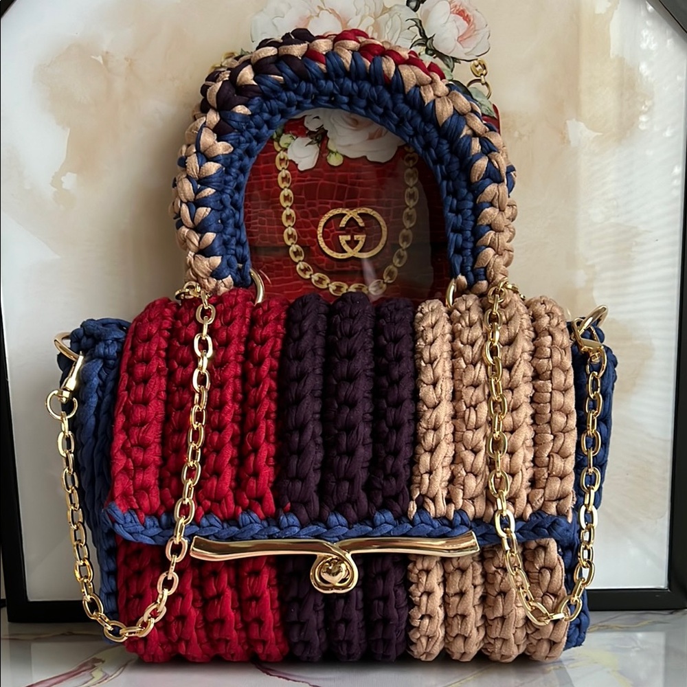 Hand Crafted Multicolor Top Handle Crochet Handbag - Picture 3 of 15